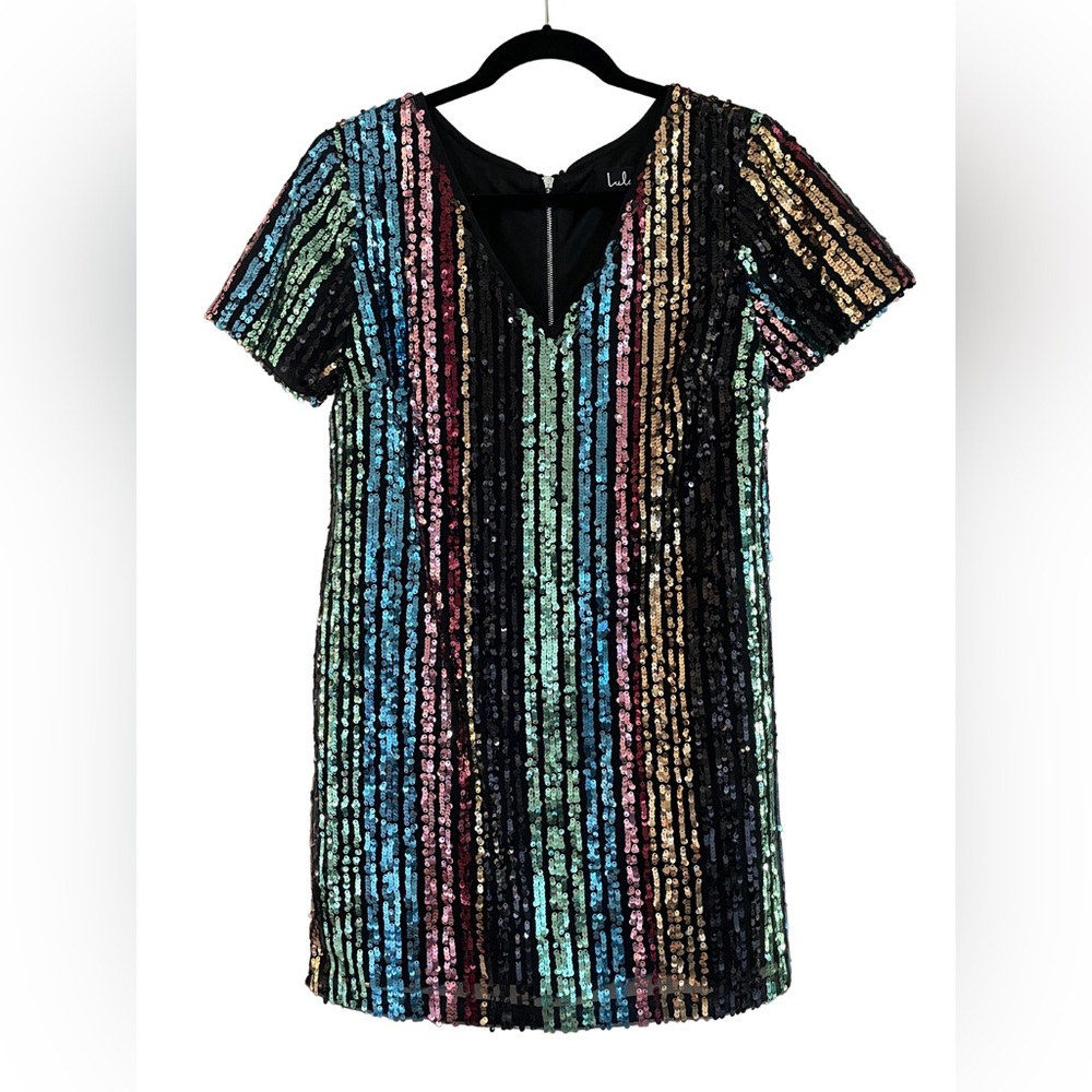 Lulu’s Multi Color Striped Sequin Shift Dress